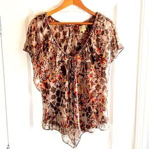 Postella Tan Floral Silk Braided V-Neck Flutter Top